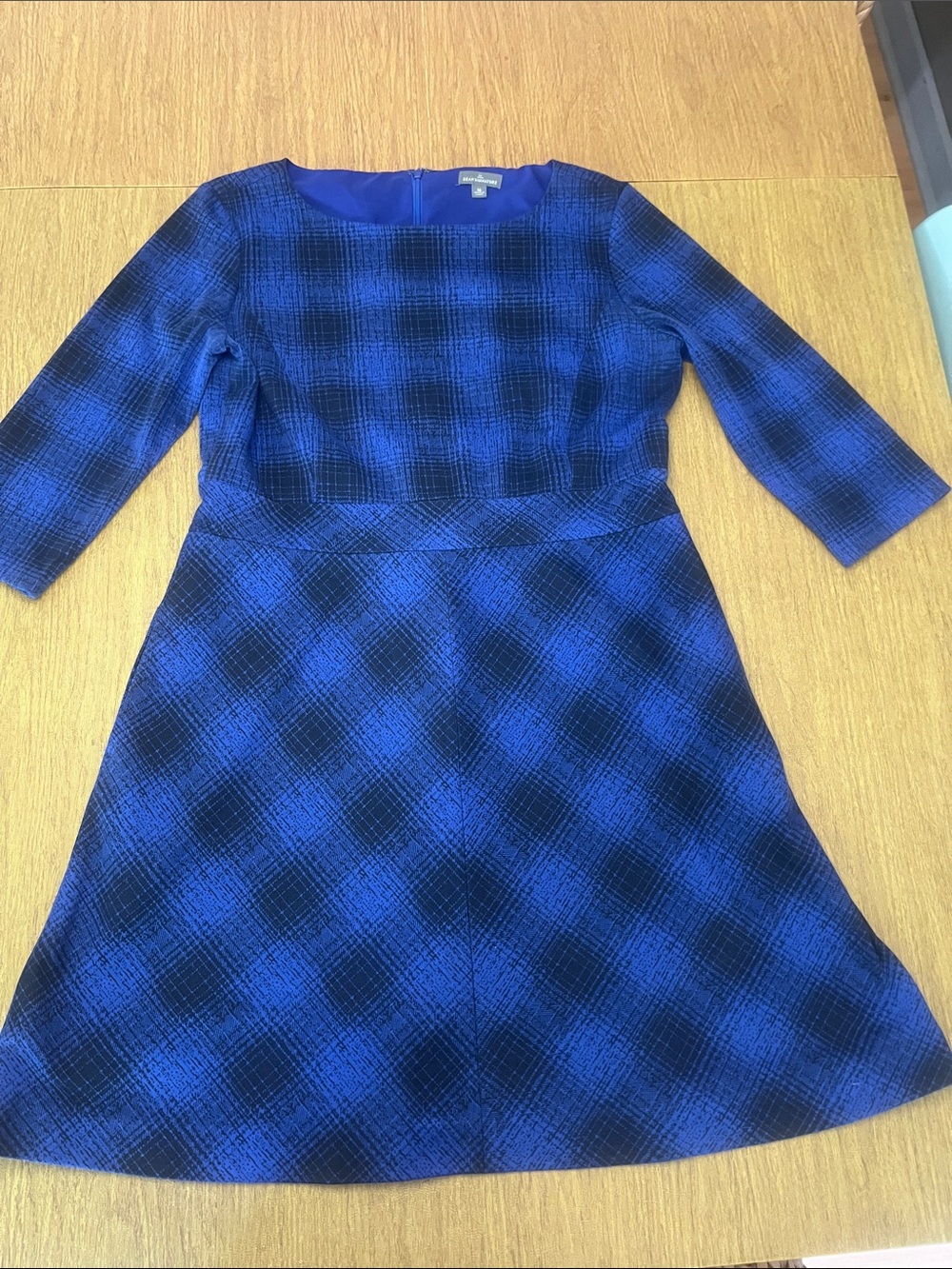 L L Bean Blue and Black Plaid Fit & Flare Dress. 3/4 Sleeves, Zip Back. Sz 16